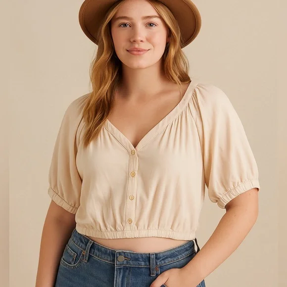 Aerie Women’s Button Front Cropped Top Beige Cream Puff Sleeve Size L - Picture 1 of 8